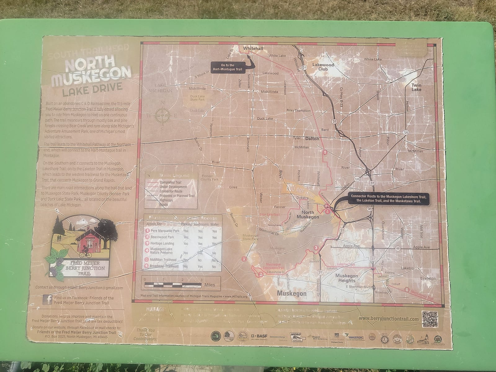 Trail map board at the Fred Meijer Berry Junction Trail south trailhead in North Muskegon, showing the route from Muskegon to Whitehall