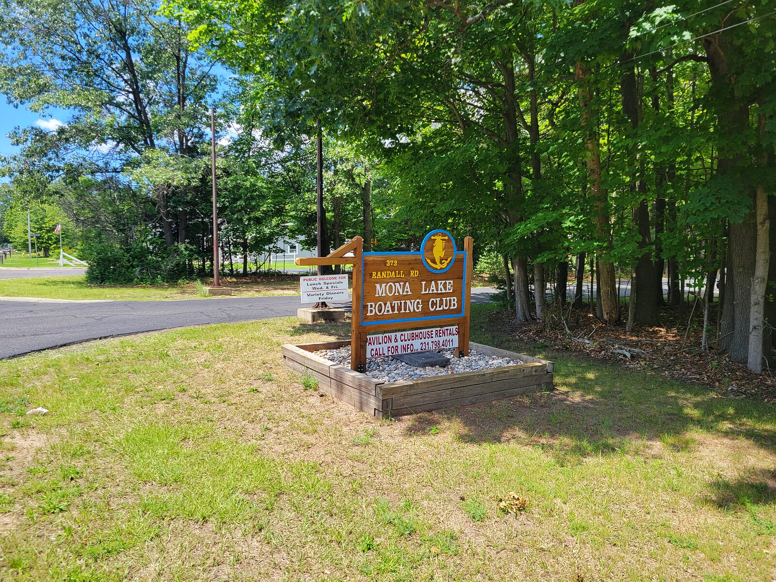Mona Lake Boating Club entrance sign on the south shore of Mona Lake
