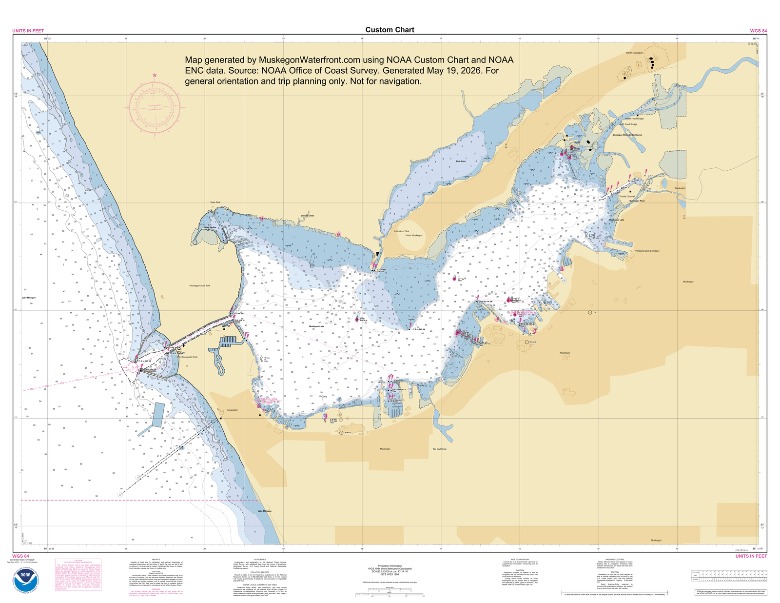 Depth map of Muskegon Lake and Bear Lake North Muskegon showing contours in feet