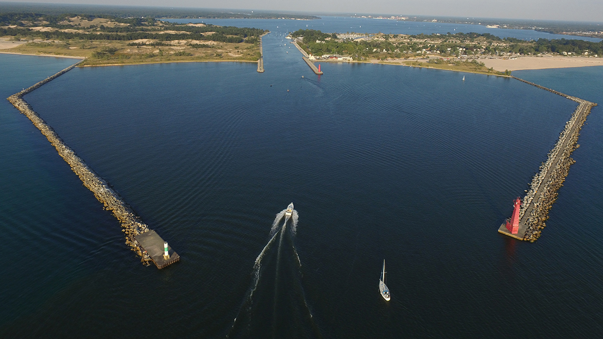 Entering Muskegon Lake from Lake Michigan channel