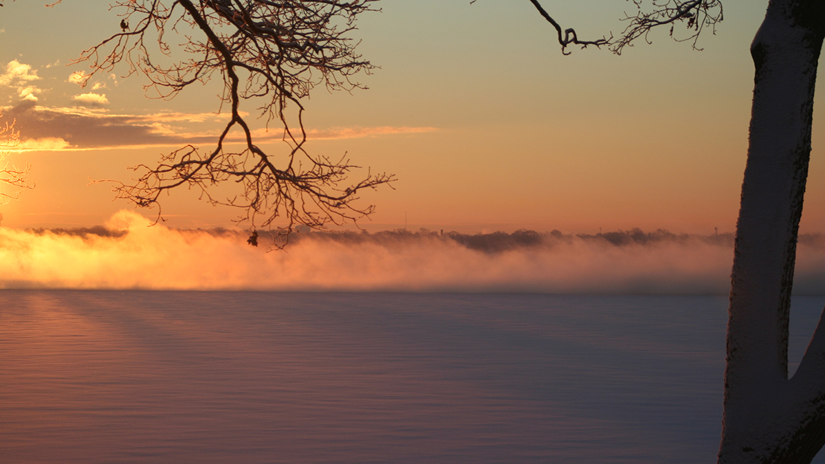Morning fog over Muskegon Lake viewed from North Muskegon Michigan