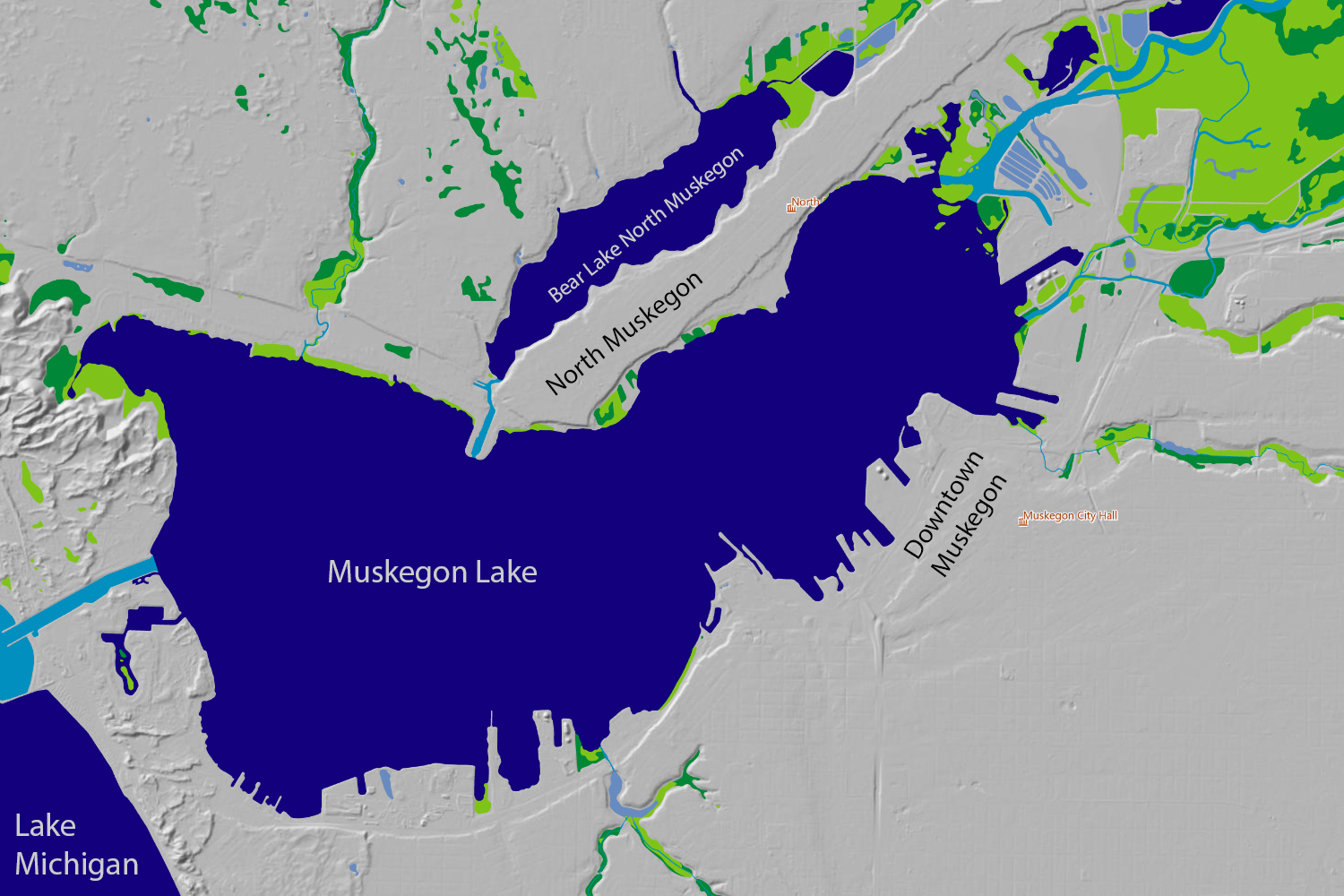 Elevation map of North Muskegon, Muskegon Lake, and Bear Lake North Muskegon showing higher ground above parts of the shoreline