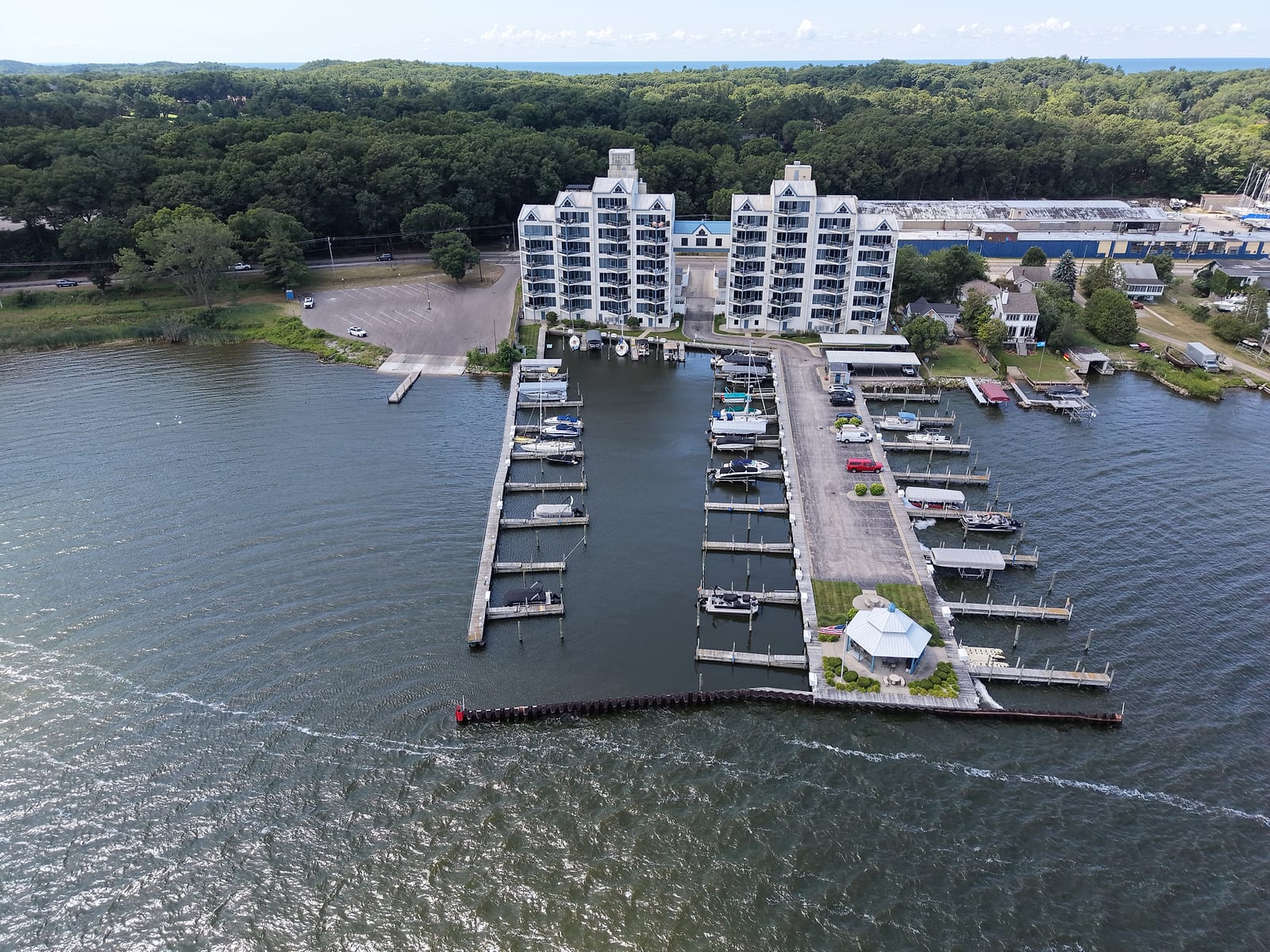 Balcom's Cove from the air: the two concrete towers on Muskegon Lake's south shore with the boat slip basin behind its breakwall